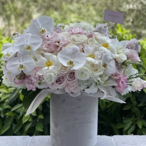 Grey velvet box with white orchids